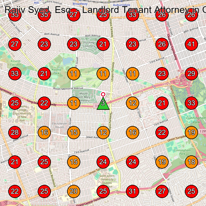 Rajiv Syed, Esq. - Landlord Tenant Attorney in Queens, Commercial Litigation Lawyer Jamaica, Good Cause Evictions GeoGrid visibility map for Law Firm in Queens Village